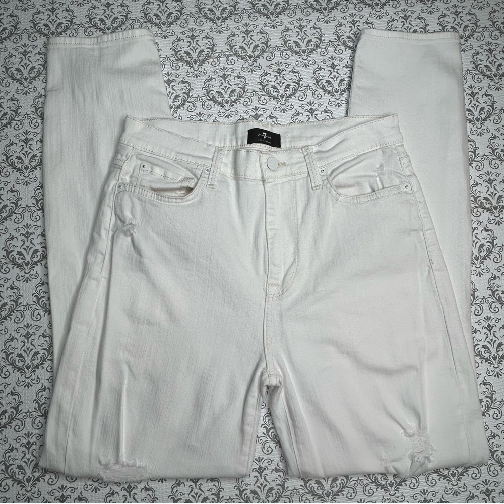 7 For All Mankind Women’s White ‘High Waist Ankle Skinny” Destroyed Jeans, 28